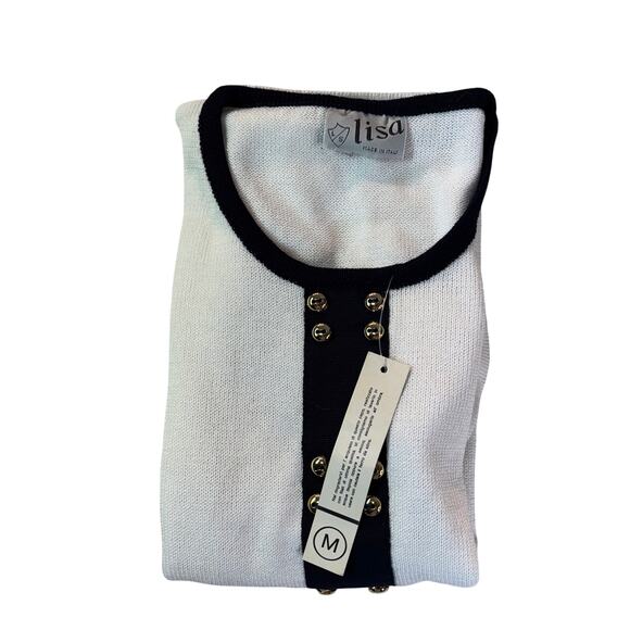 Vintage Lisa Made Italy Knit Top M – White & Navy Contrast Button Detail NWT - Picture 11 of 11